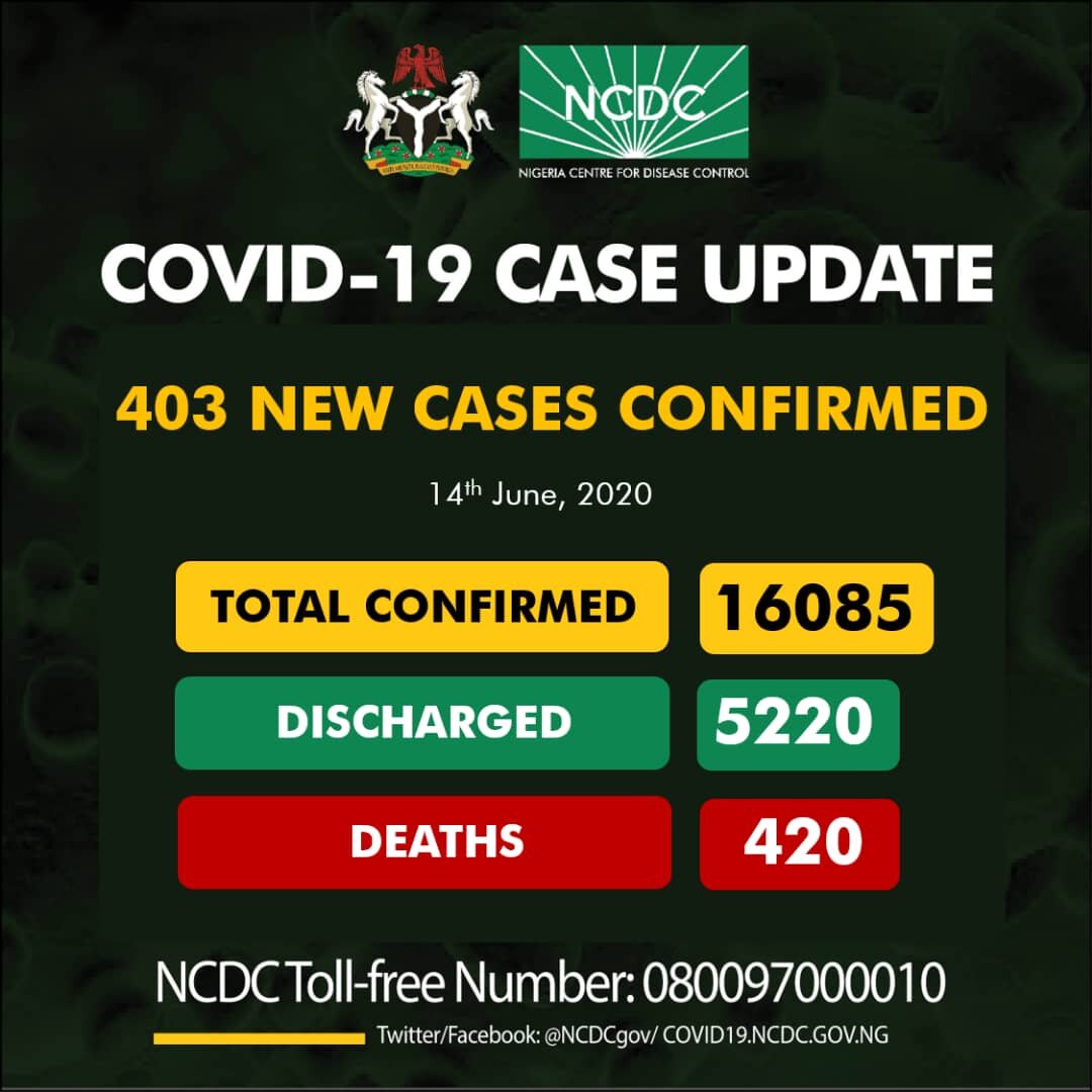 NCDC Confirms 403 New Cases Of COVID-19, Total Now 16,085